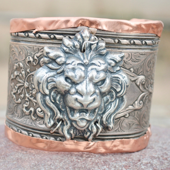 Antique Obsessions Jewelry - Antique Sterling Copper Lion Cuff Bracelet Silver